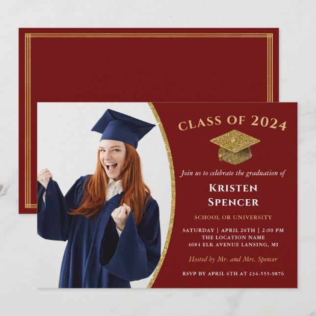 Stylish Red Gold Graduate Photo Graduation Invitation (Front/Back)