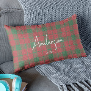 Stylish Red & Green Muted Holiday Colour Plaid Lumbar Pillow