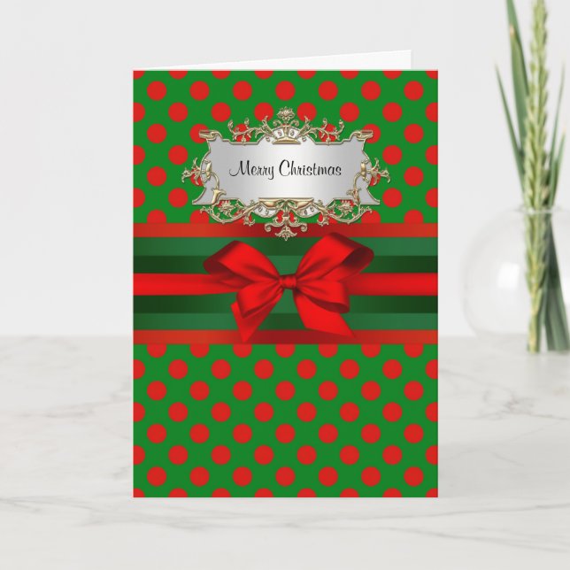 Stylish Red & Green Polka Dot Ribbon Christmas Holiday Card (Front)