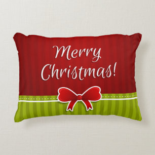Stylish Red Green Stripes Merry Christmas Design Accent Pillow