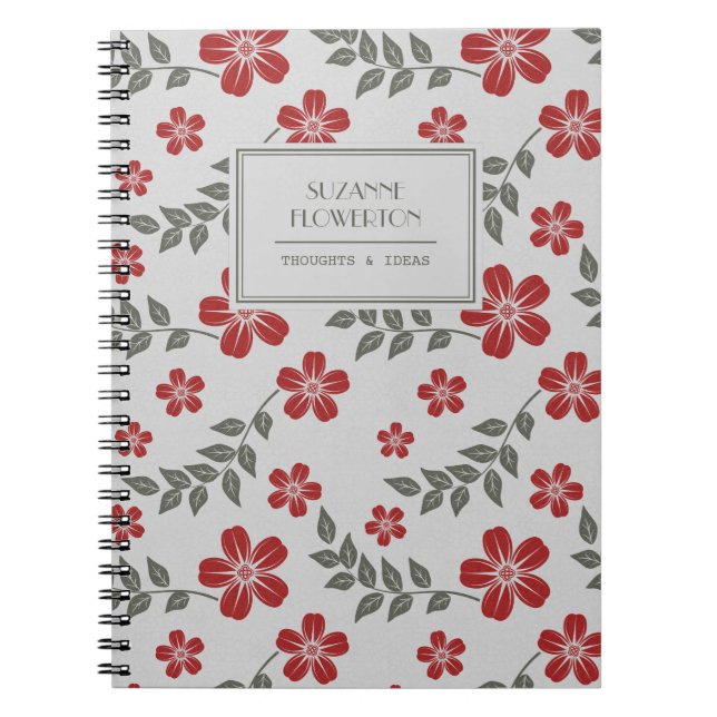 Stylish Red Grey Flowers and Leaves Personalized Notebook (Front)