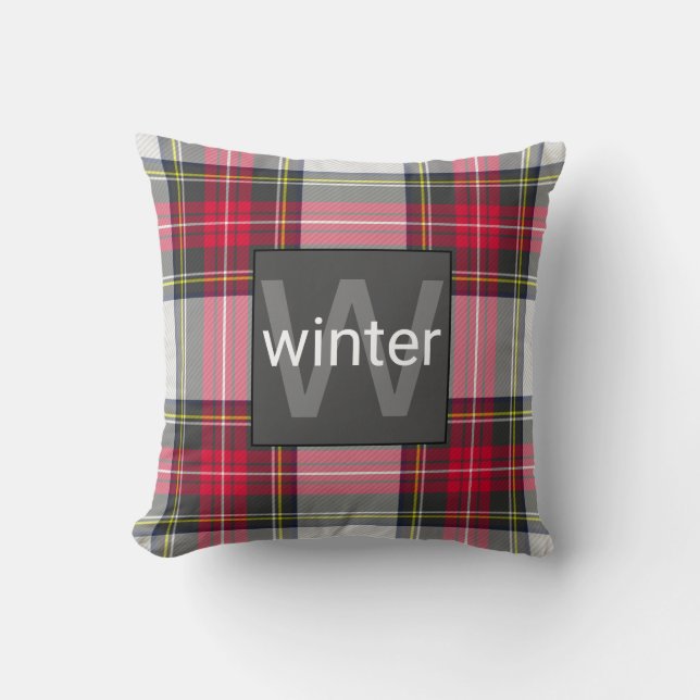 Stylish Red|Grey Tartan Plaid Monogrammed|Name Throw Pillow (Front)
