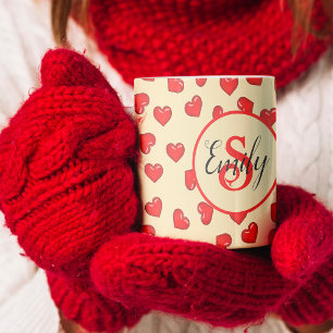 stylish Red heart pattern on beige monogrammed Coffee Mug