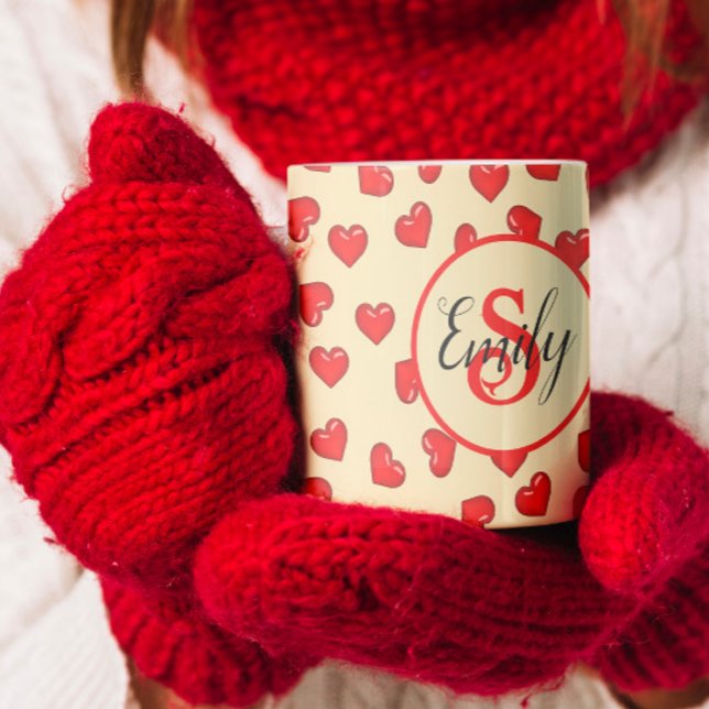 stylish Red heart pattern on beige monogrammed Coffee Mug (Creator Uploaded)