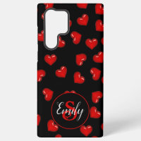 stylish Red heart pattern on black Custom monogram