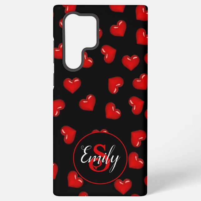 stylish Red heart pattern on black Custom monogram Samsung Galaxy S22 Ultra Case (Back)