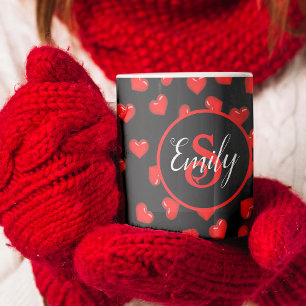 stylish Red heart pattern on black monogrammed Coffee Mug