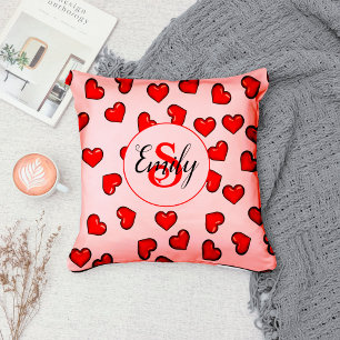 stylish Red heart pattern on blush pink monogramed Throw Pillow