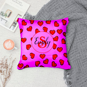 stylish Red heart pattern on purple monogramed Throw Pillow