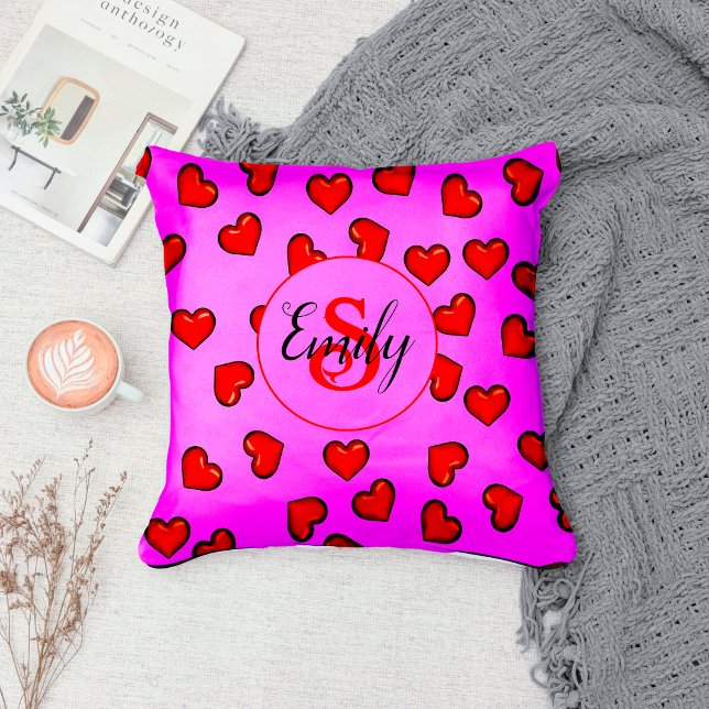 stylish Red heart pattern on purple monogramed Throw Pillow (Creator Uploaded)