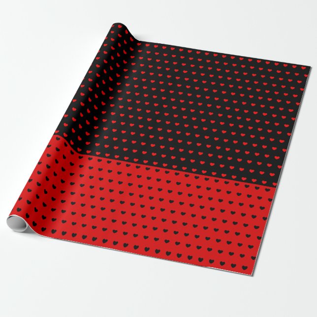 Stylish Red Hearts Pattern On Black And Vice Versa Wrapping Paper (Unrolled)