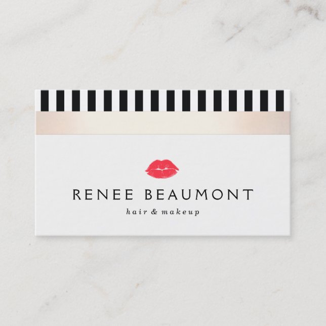 Stylish Red Kissing Lips  Black and White Striped Business Card (Front)