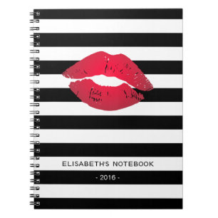 Stylish Red Lips with Classic Black White Stripes Notebook