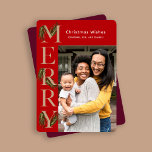 Stylish Red Merry Pine Photo Botanical Christmas  Holiday Card<br><div class="desc">Stylish  red and purple Christmas greeting card features merry side text decorated with beautiful watercolor greenery pine branches. Personalize this botanical holiday greeting with your own photo and name.</div>