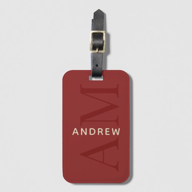 Stylish Red Monogram and Name Luggage Tag (Front Vertical)