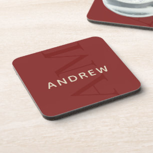 Stylish Red Monogram with Name Coaster