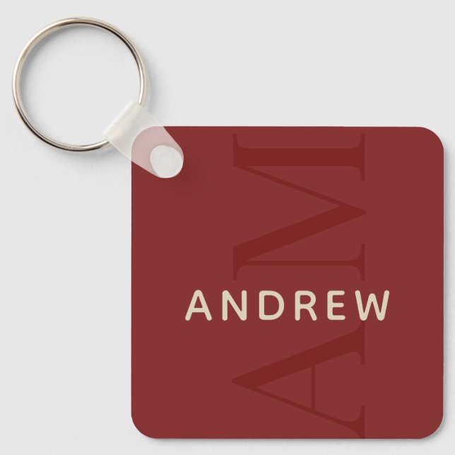 Stylish Red Monogram with Name Keychain (Front)