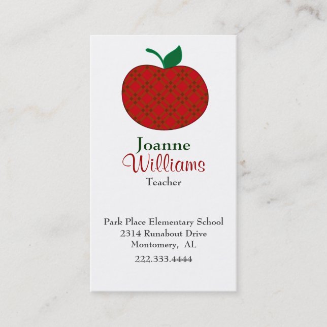 Stylish Red Plaid Apple Teacher Business Card (Front)