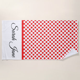 Stylish Red Polka dots on white personalized Beach Towel