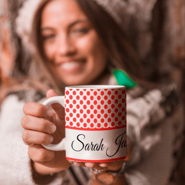 Stylish Red Polka Dots Pattern Custom Name Large Coffee Mug (Creator Uploaded)