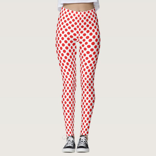Stylish red polka dots pattern on white leggings (Front)