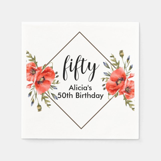 Stylish Red Poppy Flora 50th Birthday Napkin (Front)