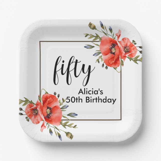 Stylish Red Poppy Flora 50th Birthday Paper Plate (Front)
