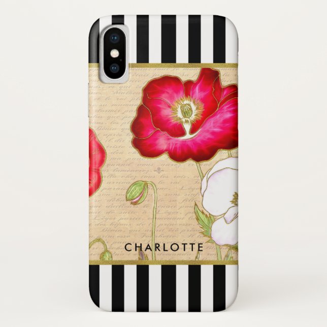 Stylish Red Poppy Floral Black Stripes With Name Case-Mate iPhone Case (Back)