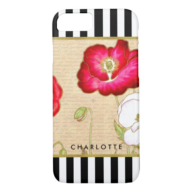 Stylish Red Poppy Floral Black Stripes With Name Case-Mate iPhone Case (Back)