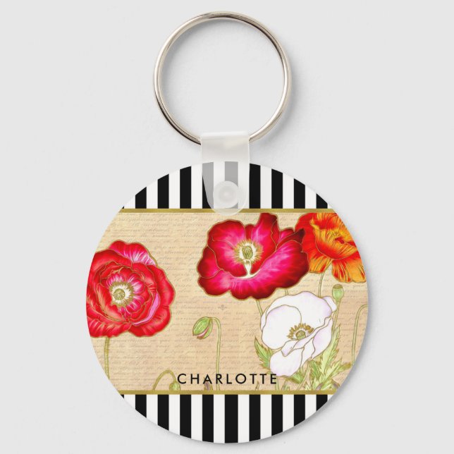Stylish Red Poppy Floral Black Stripes With Name Keychain (Front)