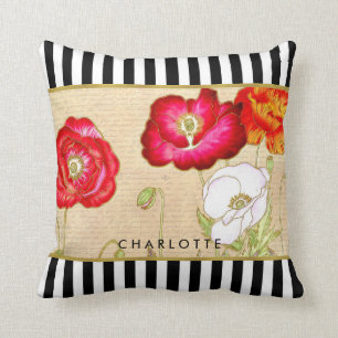 Stylish Red Poppy Floral Black Stripes With Name Throw Pillow