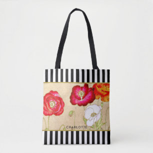 Stylish Red Poppy Floral Black Stripes With Name Tote Bag