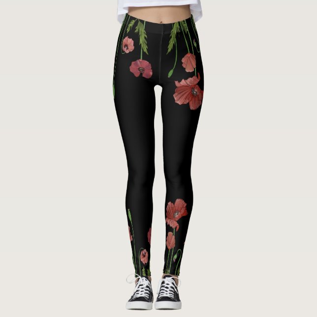 Stylish red poppy flower patterned leggings (Front)