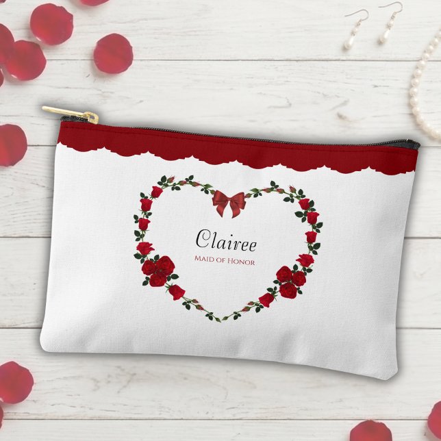 Stylish Red Rose Maid of Honor Makeup Bag (Honor her with a stylish and coordinated floral pouch for wedding day touch-ups.)