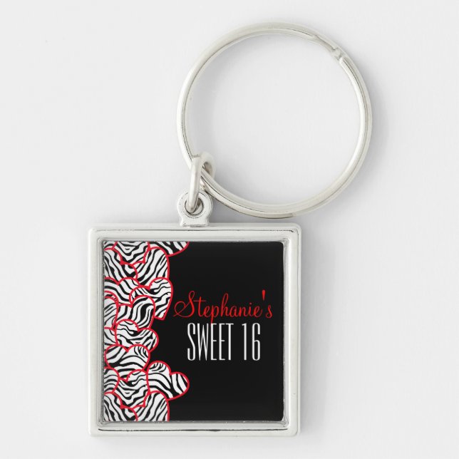 Stylish Red Sweet 16 Zebra Heart Design Name  Keychain (Front)