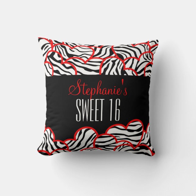 Stylish Red Sweet 16 Zebra Heart Design Name  Throw Pillow (Front)