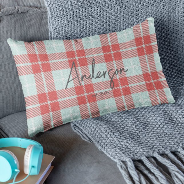 Stylish Red & Teal Bright Modern Holiday Plaid Lumbar Pillow (Creator Uploaded)