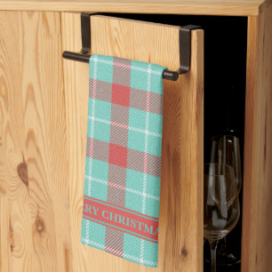 Stylish Red & Teal Family Holiday Color Plaid Kitchen Towel