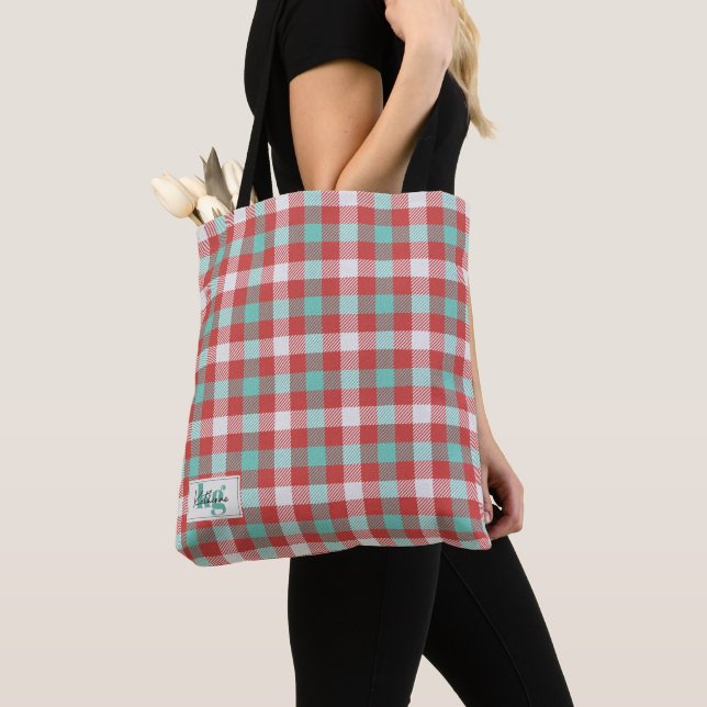 Stylish Red & Teal Holiday Inspired Colour Plaid  Tote Bag (Close Up)