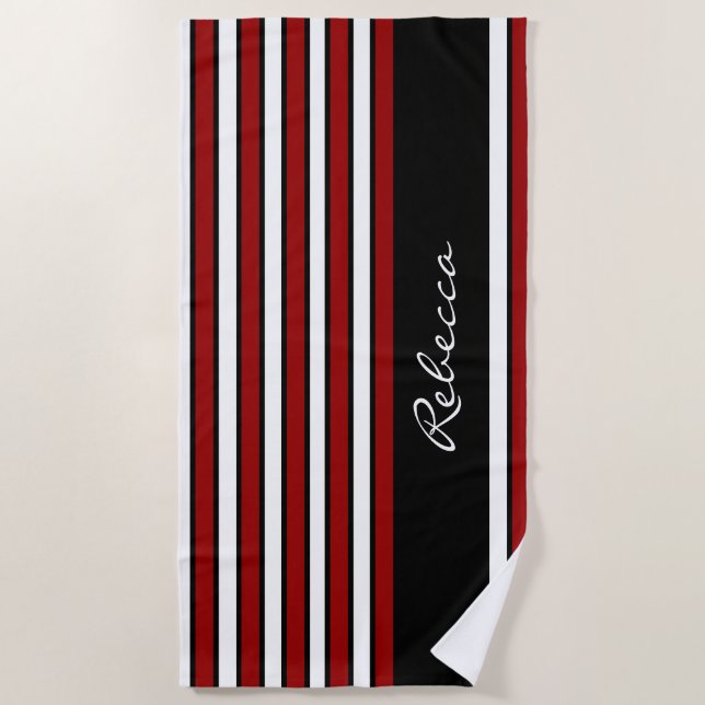 Stylish red white and black stripes beach towel (Front)