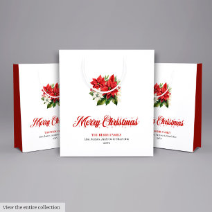Stylish Red White Poinsettia Custom Name Gift Bag