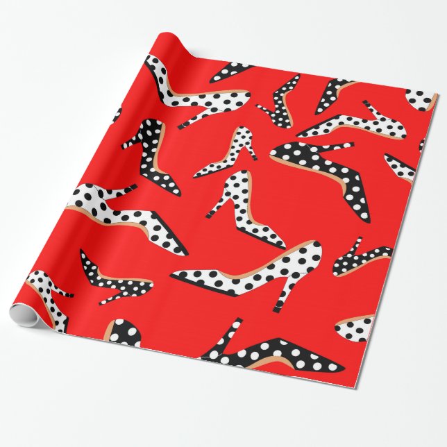 Stylish Red with Black and White High Heels Wrapping Paper (Unrolled)