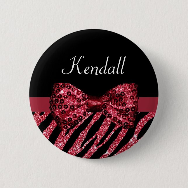 Stylish Red Zebra Print FAUX Glitz Bow With Name 2 Inch Round Button (Front)