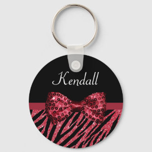 Stylish Red Zebra Print FAUX Glitz Bow With Name Keychain