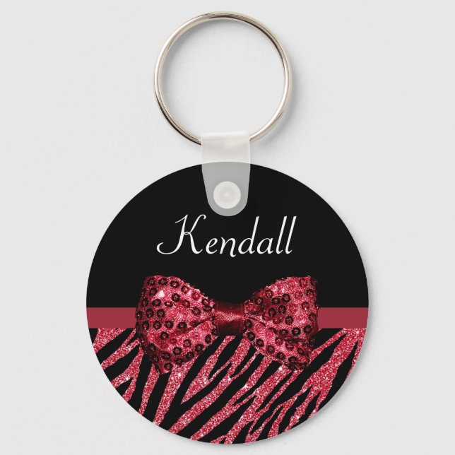Stylish Red Zebra Print FAUX Glitz Bow With Name Keychain (Front)