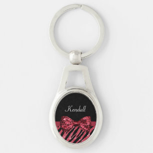 Stylish Red Zebra Print FAUX Glitz Bow With Name Keychain