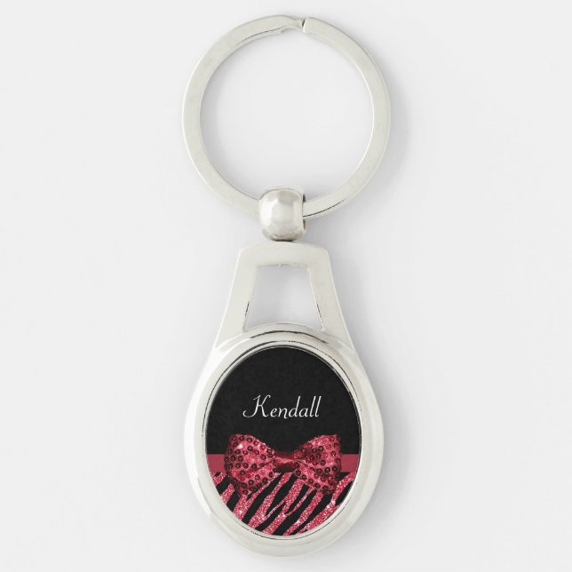 Stylish Red Zebra Print FAUX Glitz Bow With Name Keychain (Front)