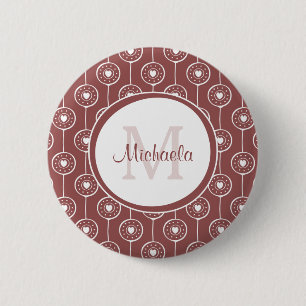 Stylish Reddish Brown Hearts Monogram With Name 2 Inch Round Button