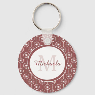 Stylish Reddish Brown Hearts Monogram With Name Keychain
