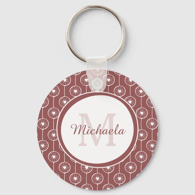 Stylish Reddish Brown Hearts Monogram With Name Keychain (Front)